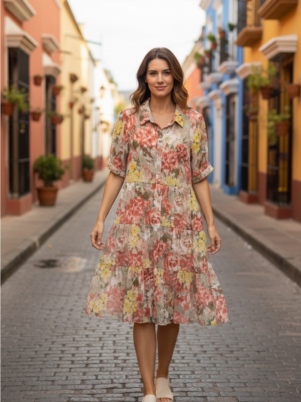 Enfocus Studio Floral Tiered Collared Midi Dress - Pink, Yellow, Green